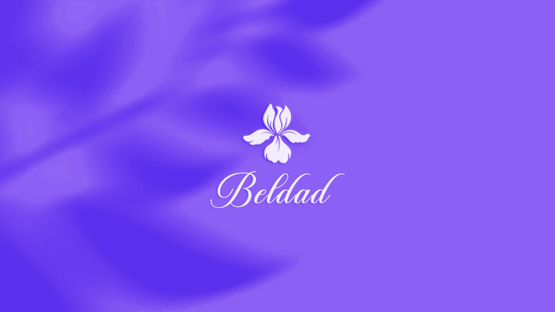The Beldad iris symbol and script wordmark in white on a violet background