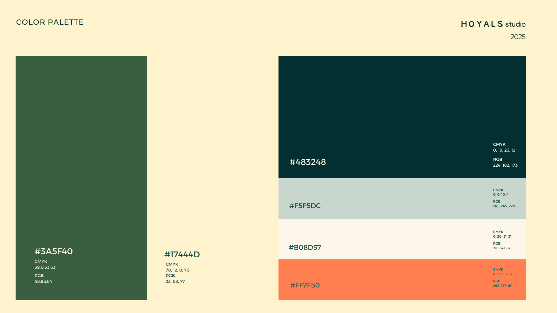 The Hoyals colour palette: forest green, petroleum, sage, off-white and coral