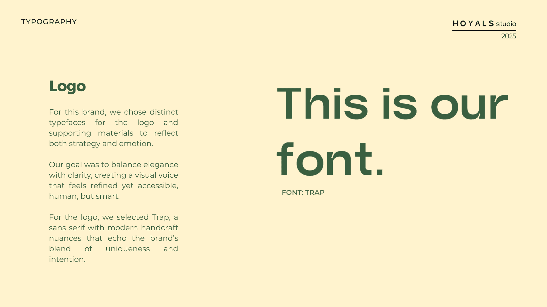 Typography sheet introducing Trap, the typeface of the Hoyals logo
