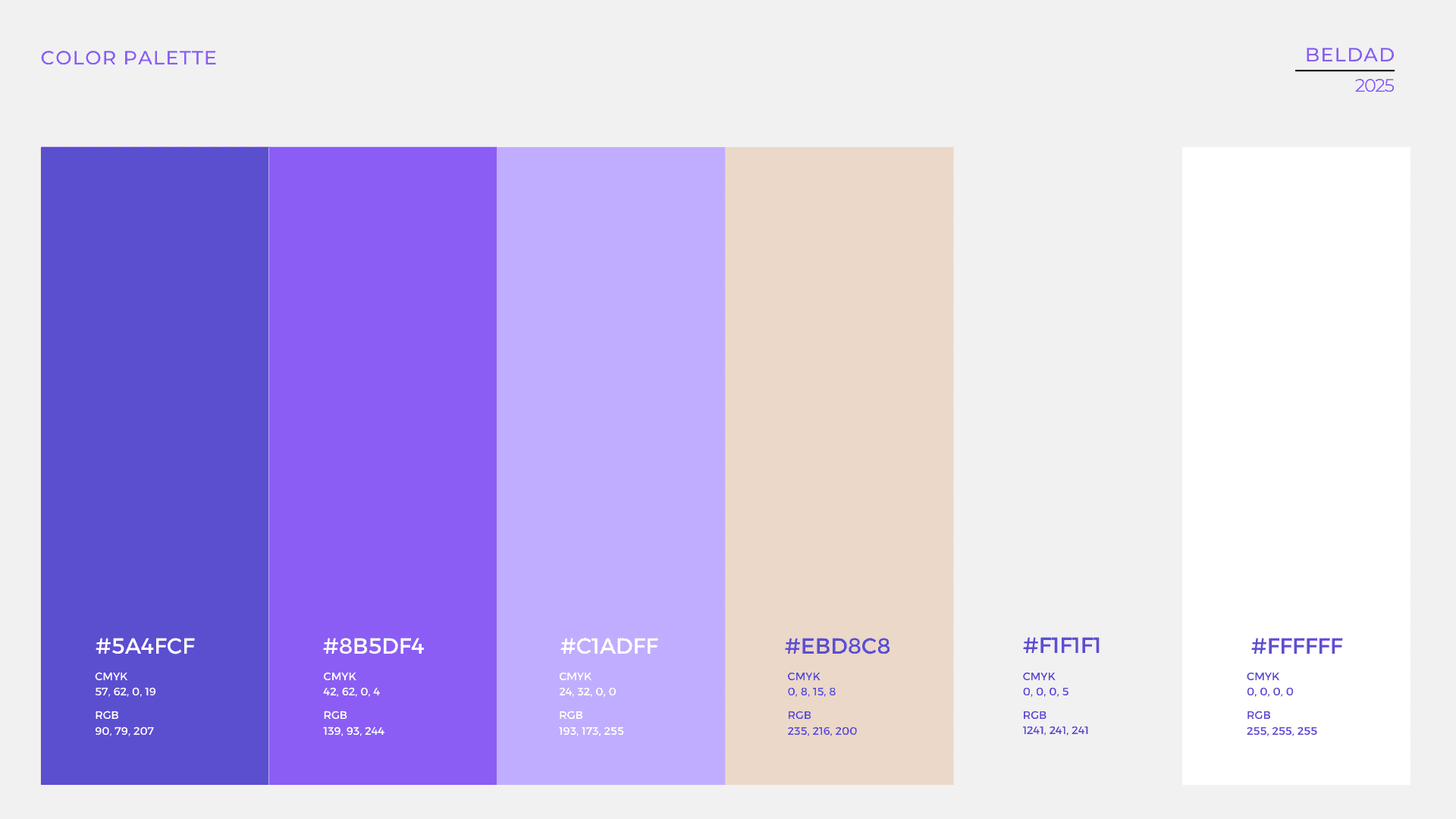 The Beldad colour palette of violets, lilac, sand and white