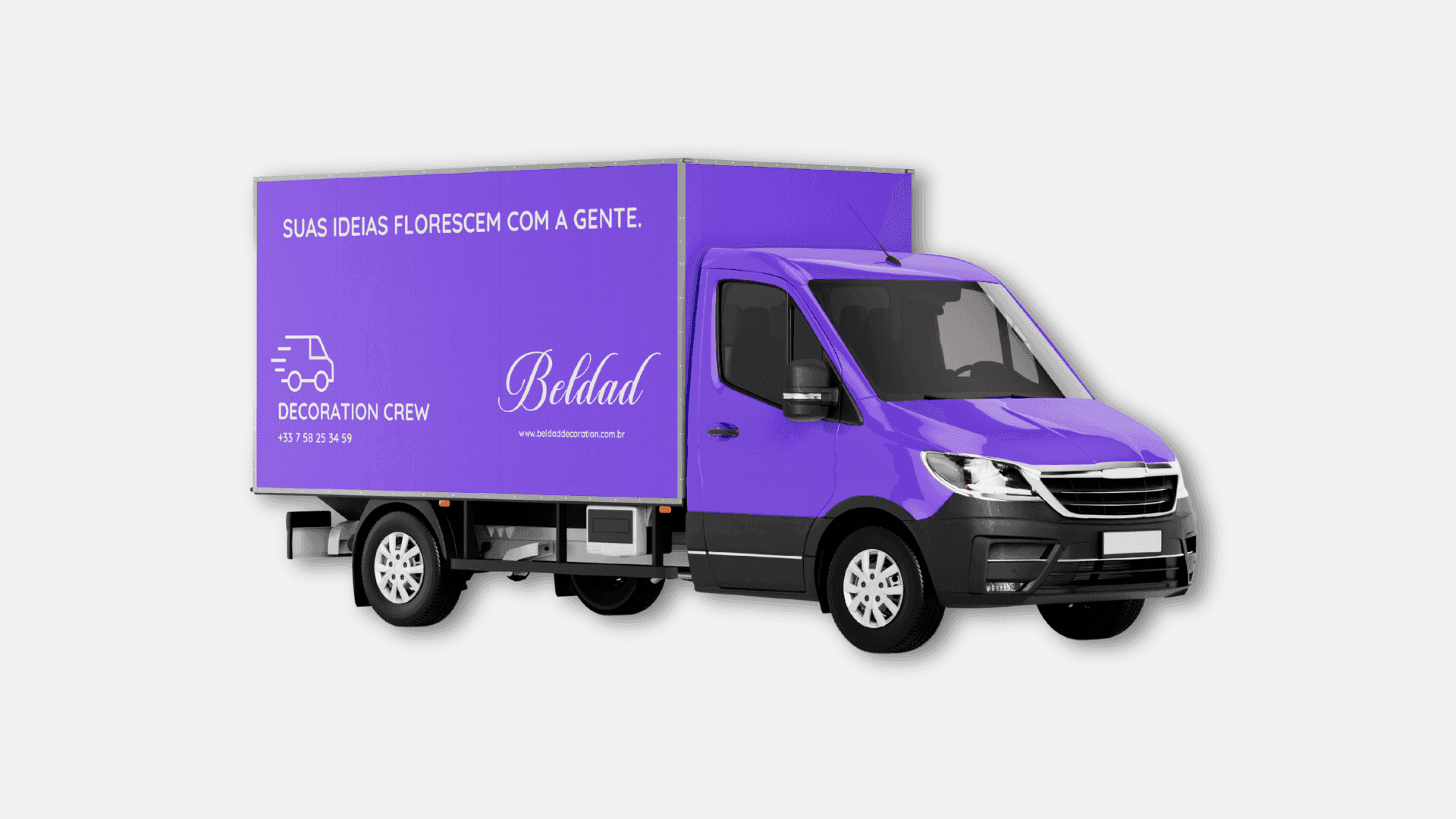 A delivery van wrapped in Beldad violet with the brand wordmark