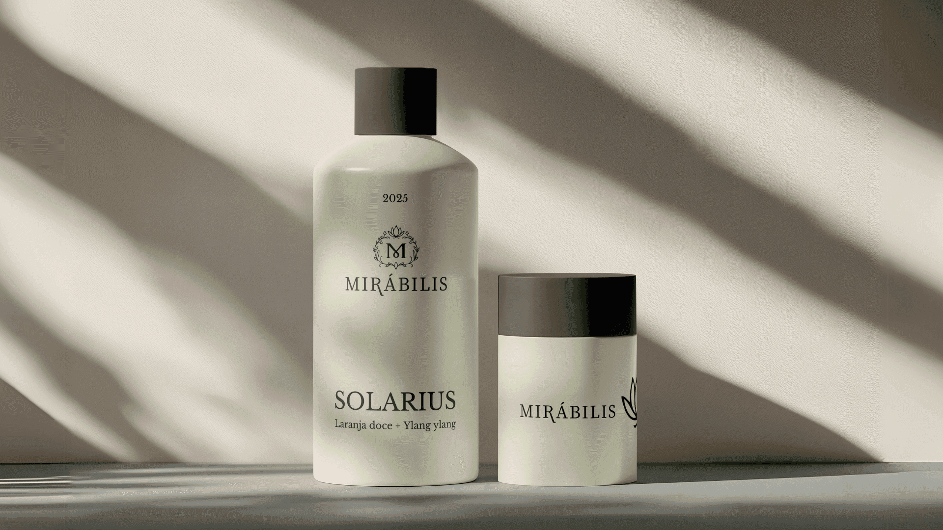 A Mirábilis body care bottle and jar with cream labels