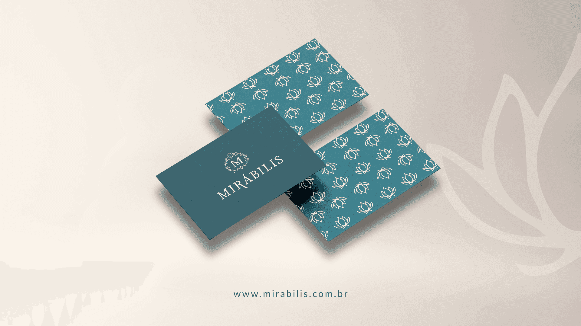 Mirábilis business cards with a teal botanical pattern