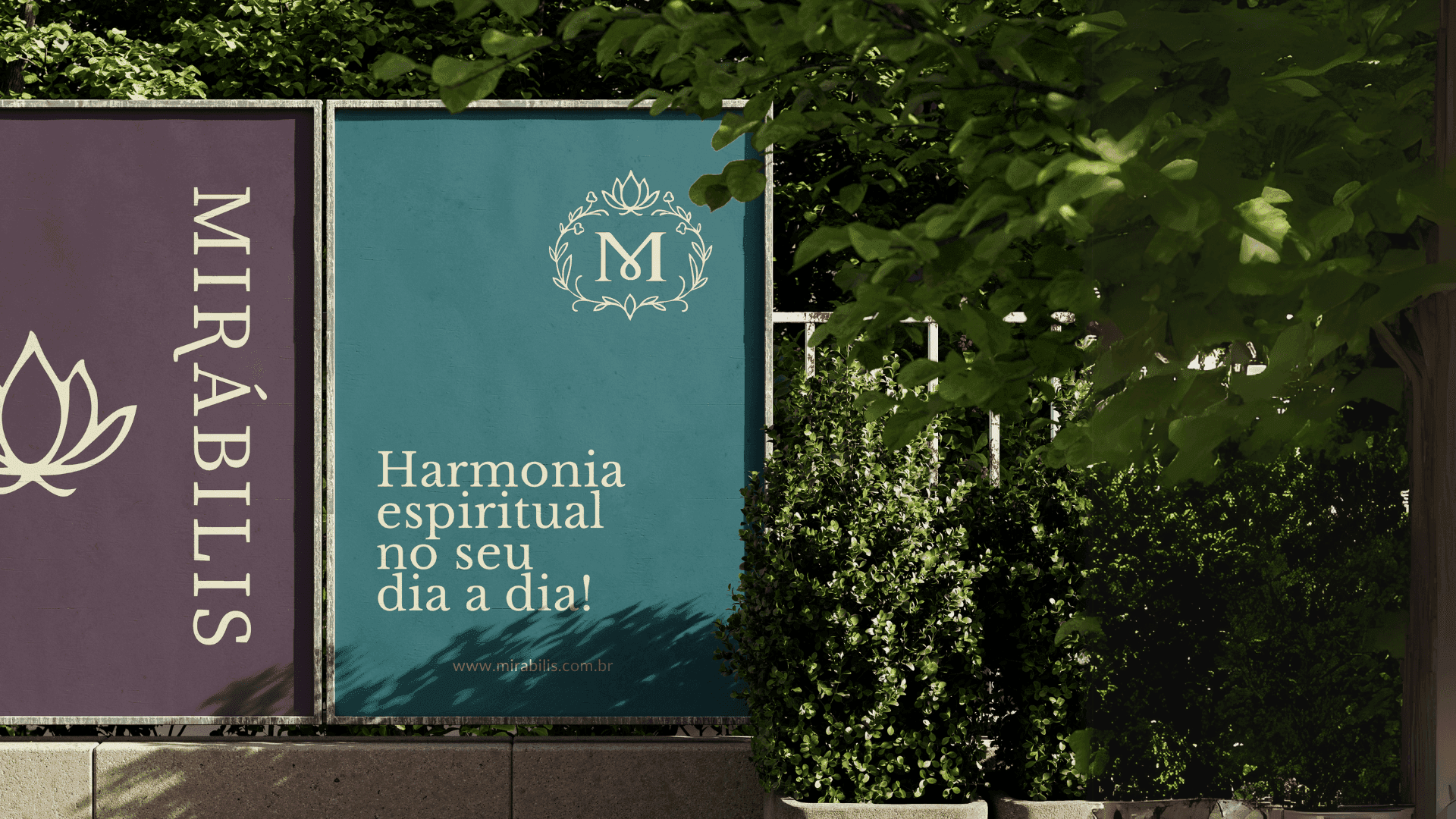 Mirábilis posters in plum and teal on an outdoor wall